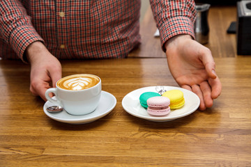 hands man coffee cafe cappuccino making tea cake giving cup grind breakfast warm lunch delicious female
