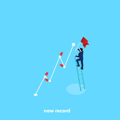 a man in a business suit with a flag in his hand fixes a new record, an isometric image