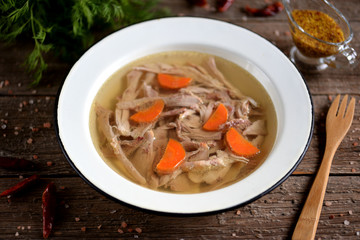Homemade aspic cooked organic chicken. Traditional Russian food