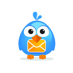 Cartoon blue messenger bird with letter envelope