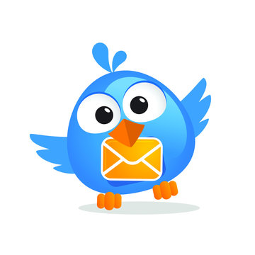 Cute cartoon blue messenger bird with letter envelope