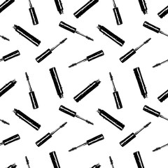 Hand drawn seamless mascara pattern. Contrasty glamour fashion sketch in vogue style. Isolated elements on white background