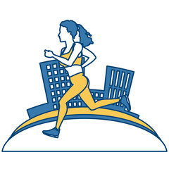 Woman running at city icon vector illustration graphic design