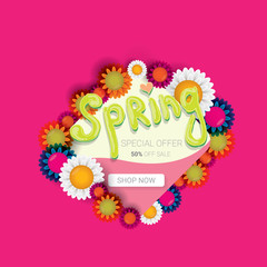 vector spring sale design template banner or tag on pink background. Abstract spring sale pink label or background with beautiful flowers