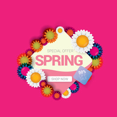 vector spring sale design template banner or tag on pink background. Abstract spring sale pink label or background with beautiful flowers