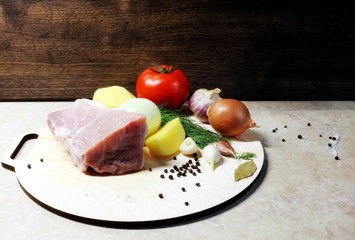 Meat. Vegetables. Spice. Pork. Pork fillet. Pork and vegetables. Delicious dinner.
