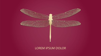 Vector logotype for jewelry boutique, store, shop. Elegant gold dragonfly silhouette at Bordeaux red background. Outline of dragonfly. Can be used for postcard, print, logo, poster, label.