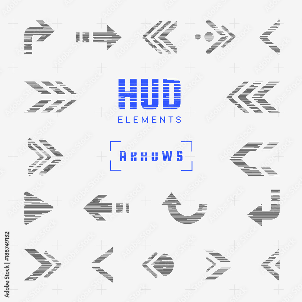 Poster Set of arrows, pointers, directions, navigation. Futuristic interface hud design elements for ui. Stickers, icons and badges for infographics. Glitch effect. Tech and science, web and internet theme.