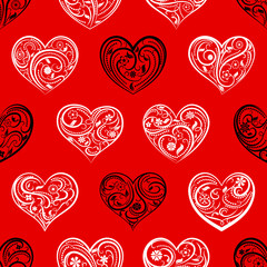 Fototapeta na wymiar Seamless pattern of big hearts with ornament of curls, flowers and leaves, white and black on red