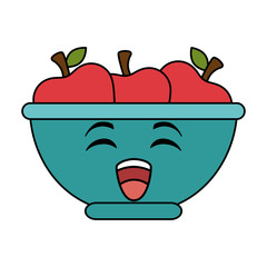 bowl with apples fruits kawaii character vector illustration design