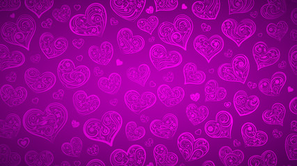 Background of big and small hearts with ornament of curls, flowers and leaves, in purple colors