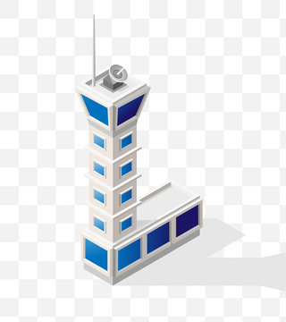 Isometric High Quality City Element With 45 Degrees Shadows On Transparent Background . Flight Control Tower