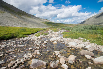 Obraz premium River in mountain valley blue cloudy sky at background. Natural summer landscape, Russia, Eastern Sayan mountains.