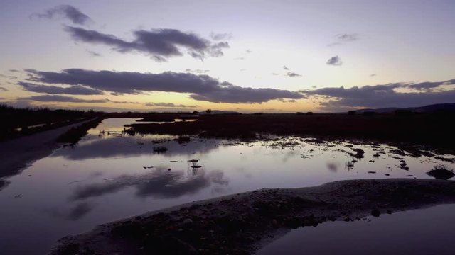 des reflets sur un étang au coucher de soleil violet