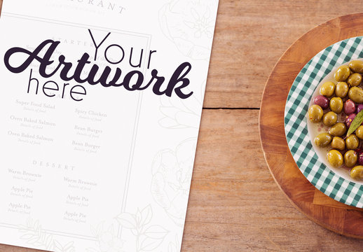 Menu Mockup with Bowl of Marinated Olives