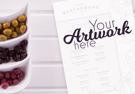Menu Mockup with Olive Platter on White Table