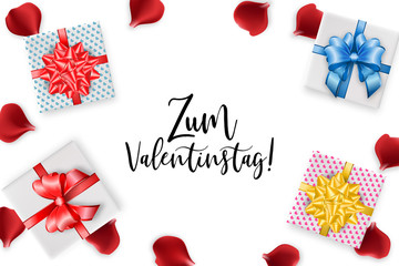 Zum Valentinstag Happy Valentines Day greeting card. Ribbon gift holiday Valentine poster. Random falling petals. Red rose petal isolated white isolated background. Wedding illustration.