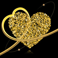 Abstract vector background with gold stars and a shape of a heart. Gold sparkles isolated on black. 3d golden heart embraces a heart of golden confetti. Design for wedding or valentine cards.