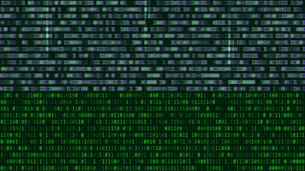 Binary code, green digits on the computer screen. Figures with the effect of the VHS screen of the 80's and 90's. Retro vintage screen. Colored semi-shifted numbers. Glitch effect. Format 16:9