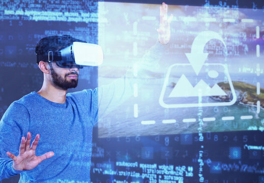 VR Mockup of Man with Blue Technology Background