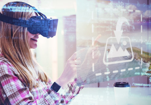 VR Mockup of Woman in Office with Coffee