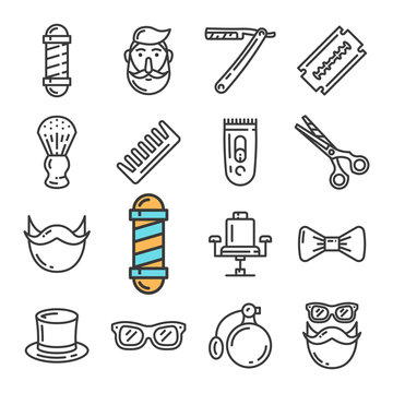 Vector black line Barber Shop icons set. Includes such Icons as Pole, Chair, Hipster, Razor.