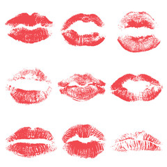Fototapeta premium Set of lips or lip shaped women kiss print. Valentines or mother's day design element. 8 March Women's Day or love, sex, symbols. Girl kisses lips stain isolated on background. Vector.