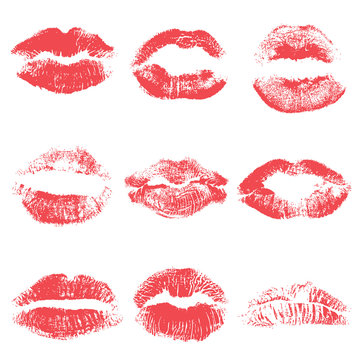 Set of lips or lip shaped women kiss print. Valentines or mother's day design element. 8 March Women's Day or love, sex, symbols. Girl kisses lips stain isolated on background. Vector.