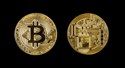 Gold bitcoin coin head and tail isolated on black