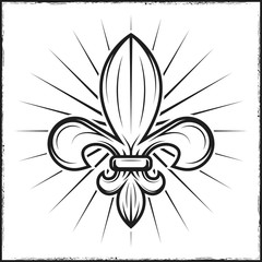 Heraldic lily print with rays. Vector illustration in vintage monochrome style.