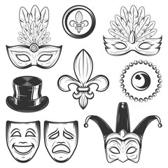 Set of vintage Mardi Gras and Venetian Carnival decorating elements in monochrome style
