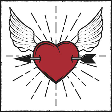 Arrow in heart and wings colored print with rays. Vector illustration in vintage style.