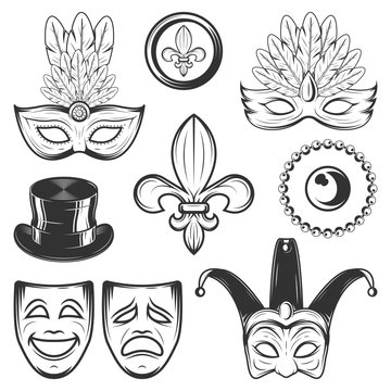 Set of vintage Mardi Gras and Venetian Carnival decorating elements in monochrome style