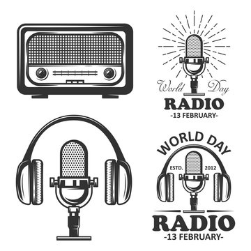 World radio day set of vector vintage emblems. Radio, microphone, headphone objects in monochrome vintage style.