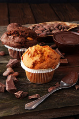 Chocolate muffin and nut muffin, homemade bakery on dark background