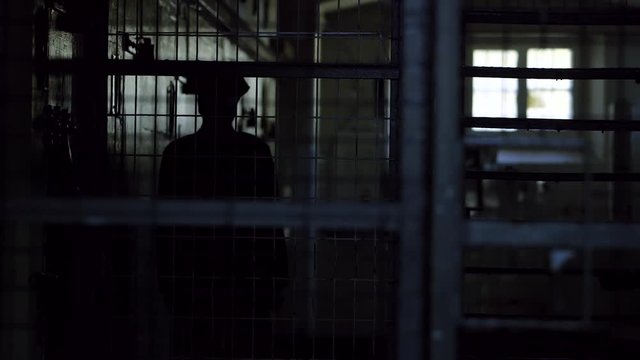 A medium shot of a silhouetted police man inside a jail. Camera blurs in and out