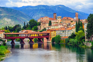 Bassano del Grappa Old Town and Ponte degli Alpini bridge, Italy - obrazy, fototapety, plakaty