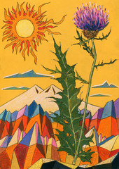 Flower of thistle on big snowy mountain background with sun. Pastel and pen illustration