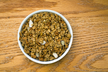 Closeup of a White Bowl of Healthy Granola