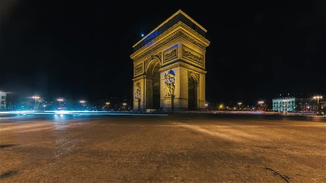 The Arc de Triomphe in Paris, France at Night.
4K timelapse clip shot from the Champs-Elys&eacute;es.