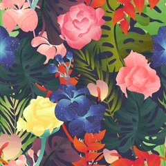 Zelfklevend Fotobehang Seamless pattern, rose, Heliconia, Anthurium, split leaf Philodendron, palm leaf on purple background © momosama