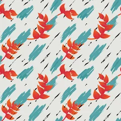 Foto op Canvas Seamless pattern, hand drawn red Heliconia flower with blue brush painting on grey background © momosama