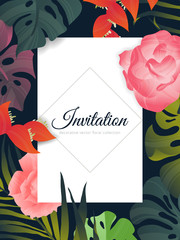 Obraz premium Hand drawn Tropical plant, rose, Heliconia, palm leaf and split leaf Philodendron , invitation card design