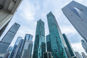 low angle view of skyscrapers in city of China.