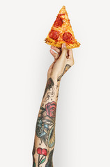 Hand with tattooed hold pizza raised up