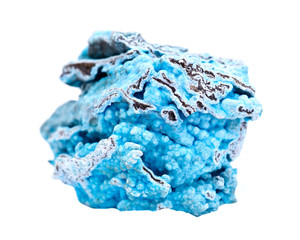 Bright blue rough hemimorphite from Wenshan, Yuunan Province, China isolated on white background