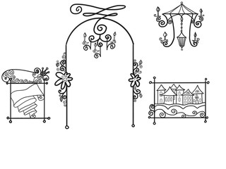 Black hand drawn bright sketch of chandeliers and banner for on white background, isolated transparent cartoon illustration painted by pen on paper for greeting card or advertisement, high quality