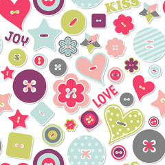 Seamless pattern happy Valentine's day. Holiday background with colorful buttons and words Love, Kiss, Joy. Background for February 14, mother day, birthday. Texture for wrapping paper, greeting card