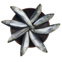 Salted herring in a clay bowl isolated on white background. The view from the top.