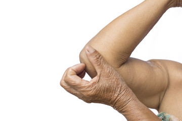 Old hands itching in elbow on white background, dermatitis concept